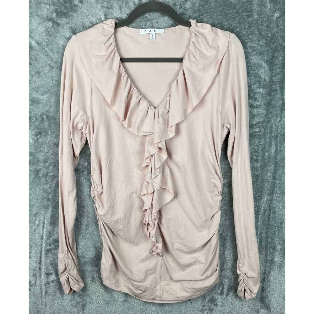 Cabi Taffy Top Womens Large Blush Pink Blouse Ruffled‎ Ruched V-Neck Stretch 185